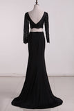 New Arrival Bateau Prom Dress Mermaid Long Sleeves Lace Bodice With Beading Spandex