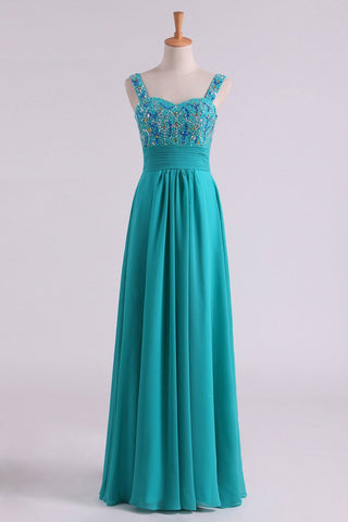 Prom Dress Straps Beaded Bodice Pleated Waistband A Line Chiffon