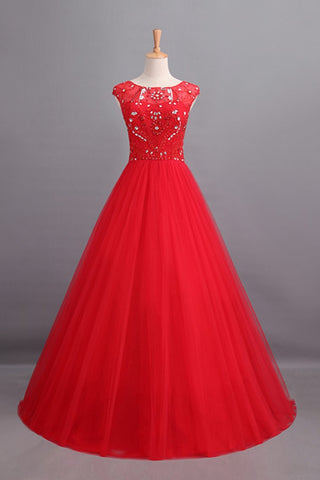 Prom Dresses A Line Scoop Long Tulle V Back Red