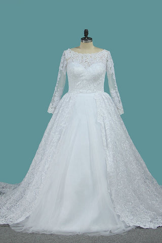 Long Sleeves Ball Gown Wedding Dresses Bateau Tulle & Satin With Applique