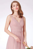 Simple A Line Pink V Neck Tulle Sleeveless Prom Dresses Long Bridesmaid Dresses SJS15383