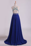 Prom Dresses V Neck Beaded Bodice A Line Open Back Dark Royal Blue Chiffon & Tulle