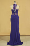 Spandex High Neck Sweep Train Prom Dresses With Beading And Rhinestones