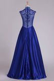 High Neck Prom Dresses Satin With Beading Floor Length Dark Royal Blue