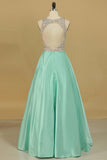 Sexy Open Back Scoop Prom Dresses A Line Satin & Tulle With Beading