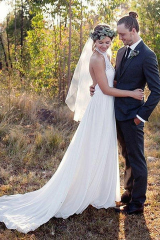 Flowy Halter Open Back Ivory Lace Chiffon Long Simple Beach Wedding Dresses