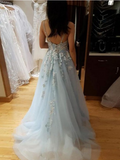 Spaghetti Straps Floral Beading Long Mint Green Prom Dress V Neck Tulle Formal Dress P1003