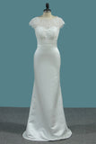 Satin Mermaid Scoop Wedding Dresses With Ruffles Court Train Detachable