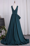 Deep V Neck Elastic Satin A Line Evening Dresses Sweep Train