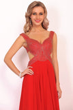 Chiffon Straps Beaded Bodice A Line Open Back Sweep Train Prom Dresses