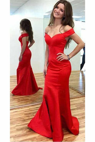 Evening Dresses Off The Shoulder Satin Open Back Sweep Train Mermaid