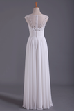 White Bateau A-Line Prom Dresses Chiffon Floor-Length With Beads And Applique