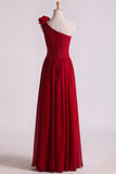 One Shoulder Bridesmaid Dresses Chiffon With Handmade Flower Burgundy/Maroon