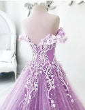 Ball Gown Off the Shoulder V Neck Tulle Lavender Beads Prom Dresses, Quinceanera Dresses SJS15562