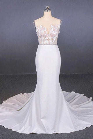 Mermaid Sheer Neck Mermaid Long Wedding Dress with Appliques, Wedding Gowns SJS15265