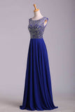 Hot Selling Prom Dresses Dark Royal Blue A-Line Scoop Floor-Length Chiffon