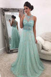 New Arrival Scoop Neck Lace A-Line Prom Dresses With Sweep Train Zipper Up