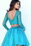 Two Pieces Homecoming Dresses Satin & Lace Long Sleeve Short/Mini