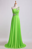 Cheap Prom Dresses Green One Shoulder Floor Length Sweep/Brush Train