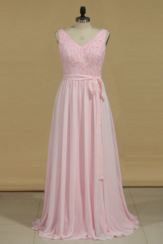 A Line Bridesmaid Dresses V Neck Beaded Bodice Chiffon Floor Length