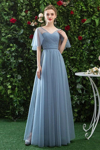 A Line V Neck Tulle Blue Cheap Prom Dress, Long Floor Length Bridesmaid Dresses SJS15044