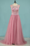 Scoop Tulle With Beading Prom Dresses A Line Sweep Train