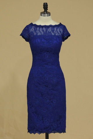 Dark Royal Blue Evening Dresses Off The Shoulder With Applique Lace Knee-Length