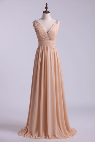 Bridesmaid Dress V Neck A Line Floor Length Chiffon With Beads