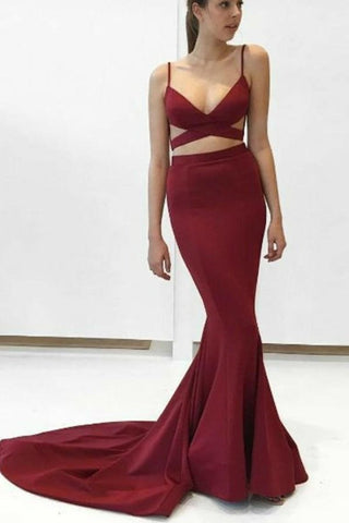 Sexy Spaghetti Straps Burgundy Mermaid Sheath Long Simple Cheap Prom Dresses