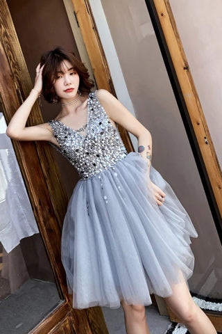 V Neck A Line Beaded Homecoming Dresses Short Tulle