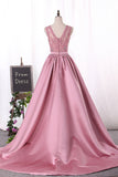 Scoop A Line Satin Evening Dresses With Applique And Beads Sash/Ribbon