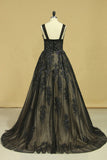 Black Sexy Bateau A-Line Prom Gown Sweep Train With Beads & Applique