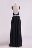 Prom Dresses Spaghetti Straps Beaded Waistline Chiffon Open Back