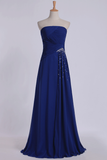 Classic Prom Dresses Strapless A Line Chiffon Floor Length With Ruffles And Beads