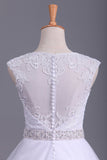 White Scoop Wedding Dresses A-Line Court Train With Beads & Applique