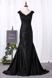 Mermaid Evening Dresses Cap Sleeves Satin With Beading Sweep Train