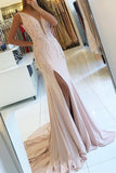 V-Neck Mermaid Chiffon Prom Dresses With Beads And Slit Open Back