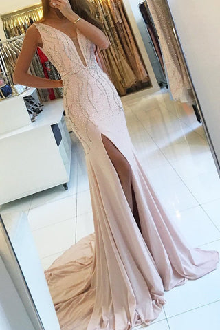 V-Neck Mermaid Chiffon Prom Dresses With Beads And Slit Open Back