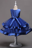 Cute Blue Satin Round Neck With Beaded Ball Gown Flower Girl Dresses