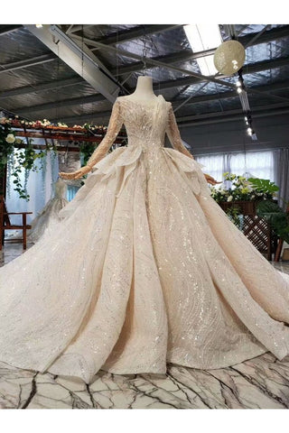 Ball Gown Wedding Dresses Scoop Long Sleeves Top Quality Appliques Tulle Beading