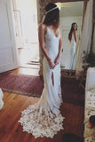 Ivory Lace Spaghetti Straps Sheath Long Front Split Beach Wedding Dresses