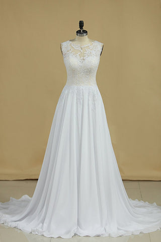 Open Back Scoop Wedding Dresses 30D Chiffon With Applique A Line