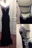 Black Beading Open Back Long Sheath Prom Dress Evening Dresses (ED1383)