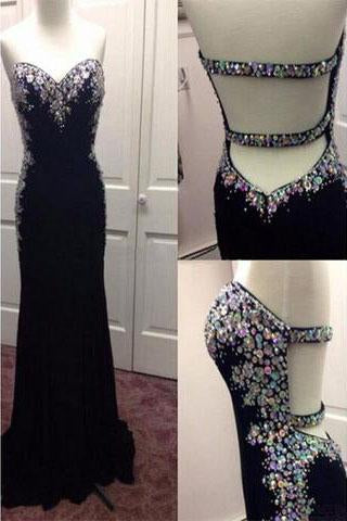 Black Beading Open Back Long Sheath Prom Dress Evening Dresses (ED1383)