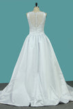 Scoop Satin A Line Wedding Dresses With Bow Knot Sweep Train