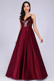 Deep V Neck Long Sleeveless Spaghetti Straps Burgundy Satin Evening Prom Dresses SJS15140