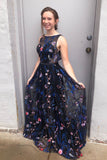 Gorgeous A Line Bateau Blue Floral Tulle Long Prom Dresses, Cheap Formal Dresses SJS15234