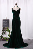 Velvet With Slit Spaghetti Straps Evening Dresses Sheath Sweep Train