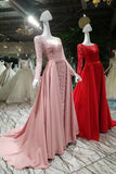 Dark Davy Prom Dresses Removable Train Scoop Tulle With Full Beading Long Sleeves