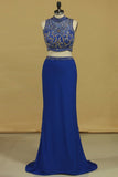 Two Pieces Column Prom Dresses High Neck With Beading Spandex